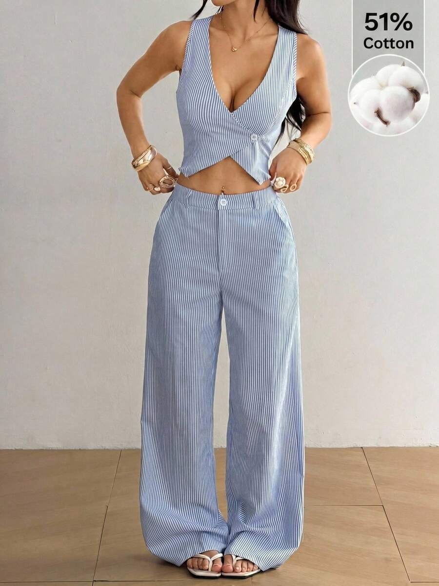 SHEIN EZwear Women Single-Button Vest And Pants Suit Set, Solid Color In Fall/Winter - Blue and White - View 1