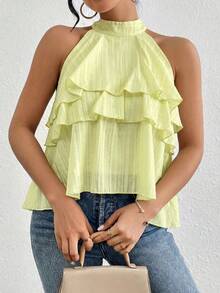 Firerie Loose Neck Ruffle Asymmetrical Chiffon Blouse,Summer Top - Green - View 8