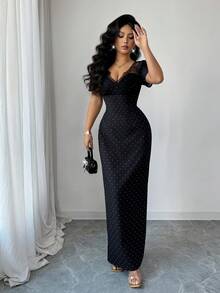 Elenzga Women's Elegant Black White Polka Dot V-Neck Lace Decor Fitted Midi Dress,Summer Dinner Date Dress For Weddings,Galas,Commute,Parties & Graduation - Black - View 7