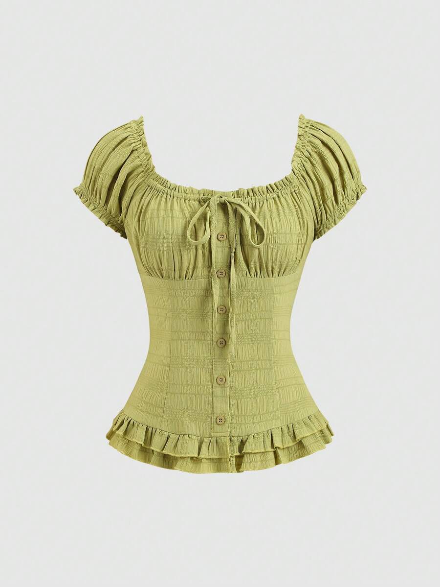 Sweetra Women's Summer Solid Color Cinched Waist Ruffle Hem Short Sleeve Blouse - Green - View 1