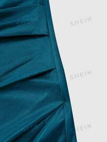 GlowEve 女士新款缎面高领无袖褶裥收腰不对称性感紧身蕾丝装饰连衣裙，女士缎面连衣裙，夏季女士连衣裙，女士优雅派对连衣裙，女士度假装，女士缎带连衣裙，女士棕色连衣裙，女士性感连衣裙，女士无袖连衣裙，女士音乐节连衣裙，毕业季服装，时尚休闲通勤装，商务办公装，多功能时尚休闲装，都市教师工作服 - 水鴨藍 - 查看 3