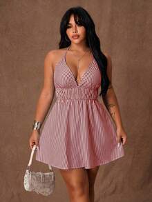 Rustia Plus Size Women Striped Deep V-Neck Backless Dress - Red - View 1