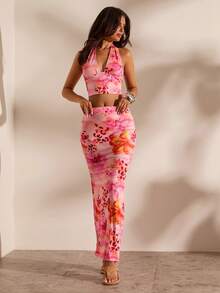 Opulessa Vacation Halter Top And Printed Skirt 2 Pieces Set For Women - Pink - View 5