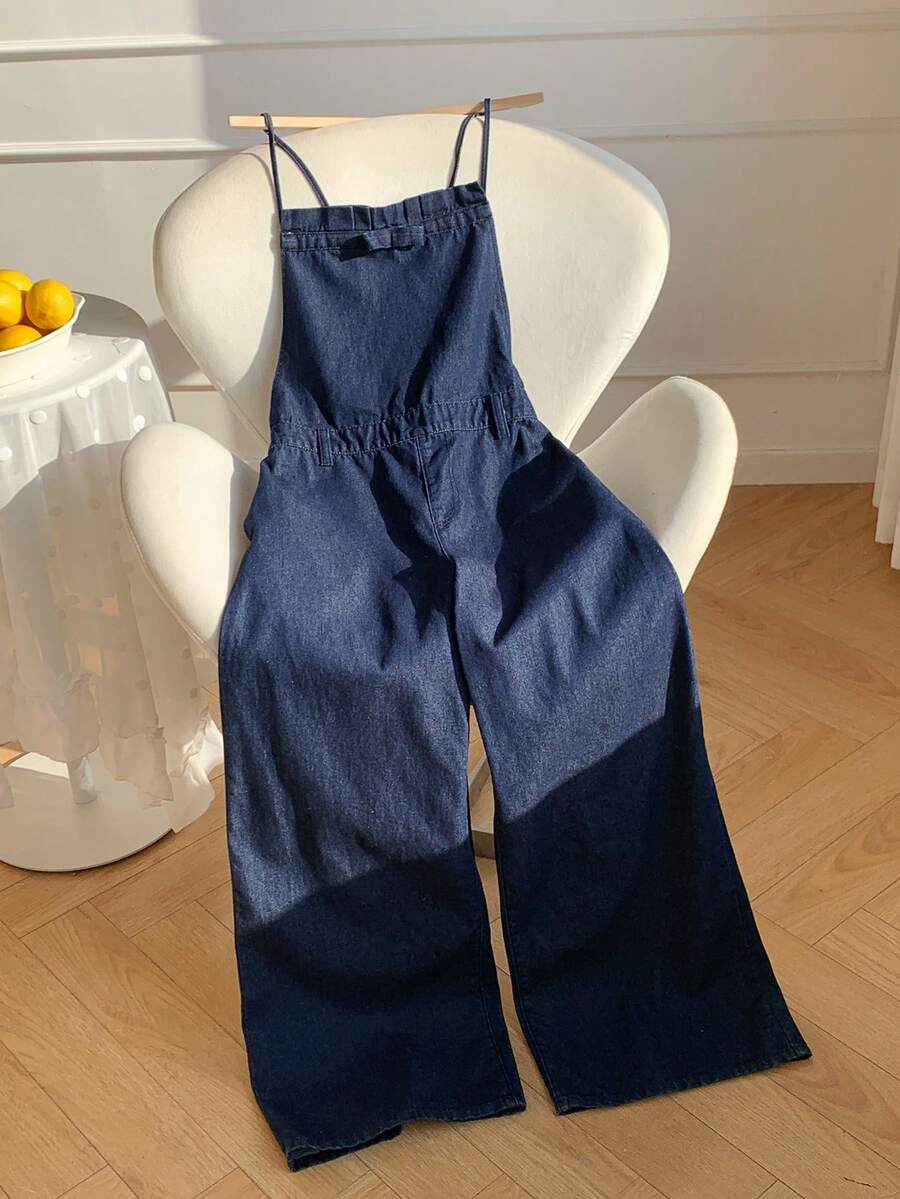 Comfortcana 女士荷叶边蝴蝶结装饰阔腿牛仔连体裤 - 藍色 - 查看 1