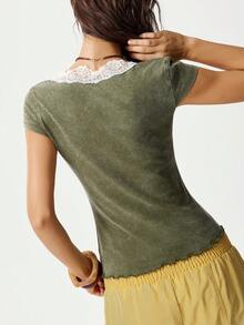 Bohemela Casual Solid Color Knit Contrast Lace Square Collar Short Sleeve Fitted Women T-Shirt,Summer Top - Army Green - View 7