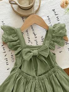 LMoss Kids Young Girl Woven Solid Color Square Neck Ruffle Hem Casual Dress - Olive Green - View 5