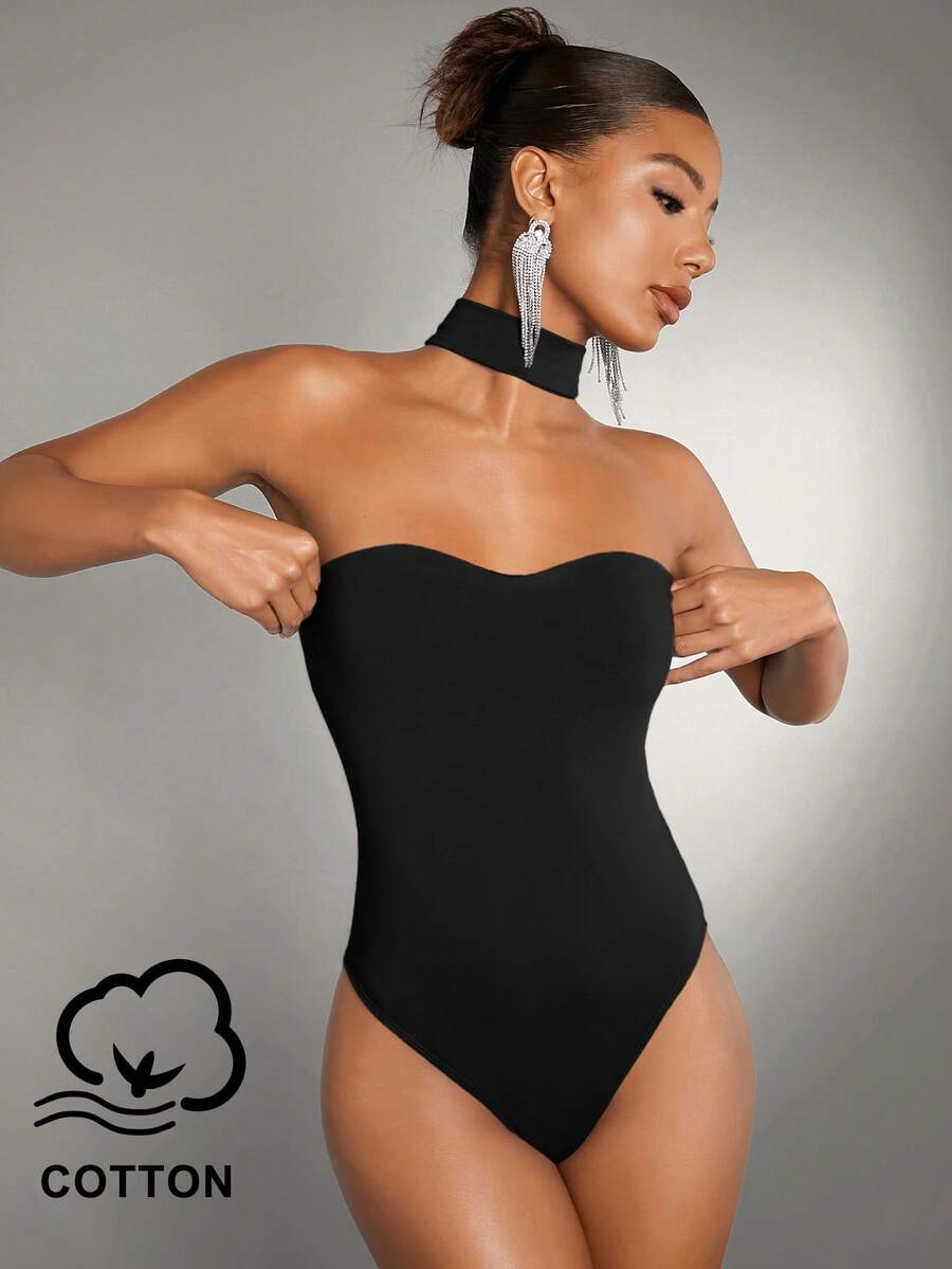 SHEIN BAE Women's Solid Color Halter Neck Bodysuit, Fitted And Versatile For Daily Wear - Black - View 1