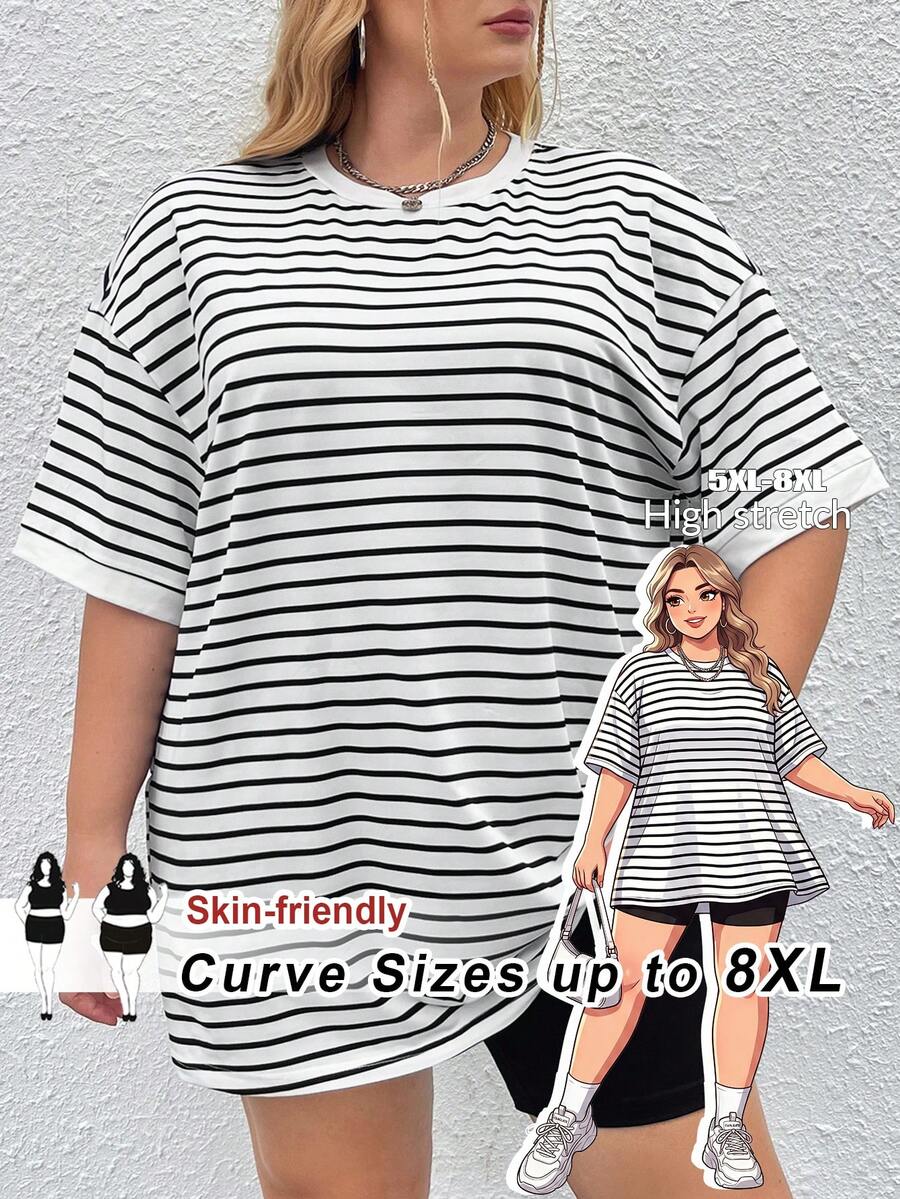 SHEIN CURVE+ Camiseta suelta de hombros caídos a rayas de verano para tallas grandes - Blanco y Negro - Ver 1