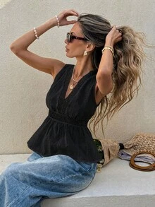 2026 Blusa sin mangas con bordado y espalda descubierta para vacaciones de verano de mujer - Negro - Ver 4