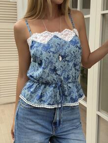 Livesso Women's Lace Patchwork Ruffle Casual Versatile Daily Wear Camisole Top - Blue - View 2