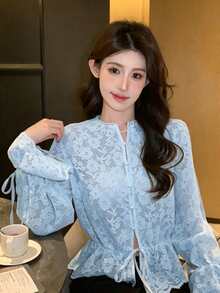 DAZY Women's Solid Color Lace Splice Drawstring Hem Ruffle Tie Elegant Vacation Blouse, Spring/Autumn - Blue - View 3