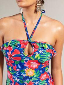 Rouah Traje de baño de una pieza con volantes y estampado floral premium para mujer, perfecto para la playa y el verano, vacaciones, días de piscina, resort, tiempo de vacaciones - Multicolor - Ver 4
