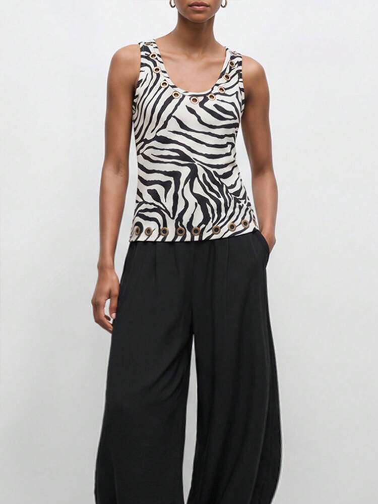 SHEIN Maija Regata Ajustada com Detalhe de Ilhós e Estampa de Zebra, Moda Casual de Verão para Mulheres, Férias e Passeio