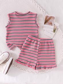 SHEIN Elladie kids 2件套女童条纹提花针织宽松背心短裤套装，适合休闲、度假、运动、夏季穿着 - 粉色 - 查看 2