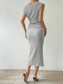 SHEIN LUNE 女士斜肩荷叶边连衣裙长款女装 - 灰色 - 查看 2