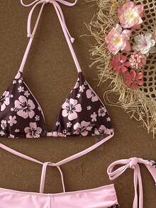 Swim Mod 女士26SS春夏新款双色印花V领露背三角比基尼套装，系带设计，可爱沙滩度假泳装三件套 - 彩色 - 查看 6