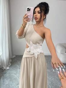 Elenzga 女士不对称露肩碎花连衣裙 - 杏色 - 查看 5