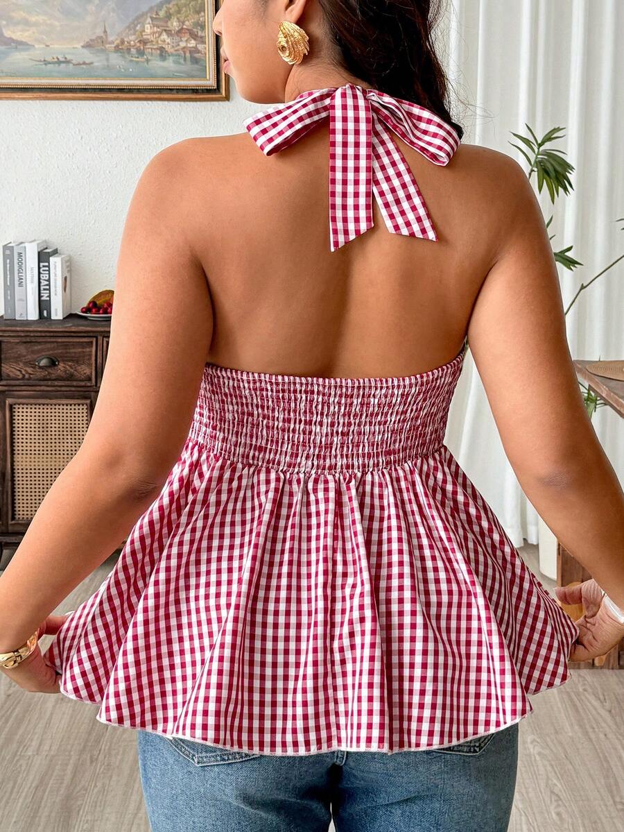 Weeklong Plus Size Women's Minimalist Fashion Woven Sleeveless Shirred Tie-Up Vintage Red & White Plaid Twist Waist A-Line Summer Blouse - Red and White - View 1