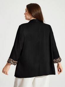 Enliva Blazer de leopardo negro de talla grande para mujeres con empalme de puños, elegante atuendo diario para la oficina y el trabajo - Negro - Ver 3
