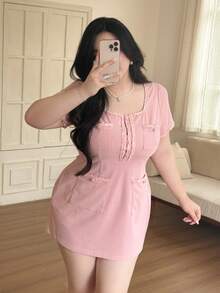 Vibekara Plus Size Women's Square Neck Dress With Floral Trim, 4 Pockets, Fitted Silhouette, Cute & Comfortable, Spring/Summer - Pink - View 3