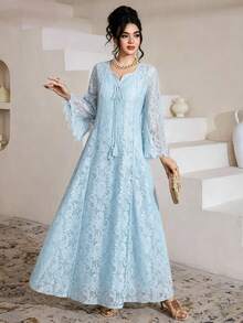 SHEIN Najma Đầm xòe tay lửng 3/4 cổ vuông phối ren tua rua dành cho nữ - Màu xanh lam - Xem 6