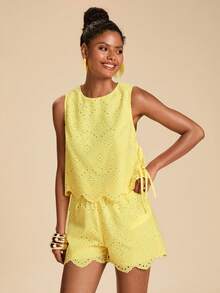 Travachic Women's Hollow Embroidery Tank Top And Shorts Casual Set For Vacation - Yellow - View 6