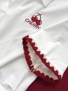 SHEIN 2件套少女春夏休闲时尚撞色翻领花卉刺绣袖口搭配弹力腰阔腿裤，适合日常、通勤、休闲、度假、朋友聚会、街头风格 - 白色 - 查看 3