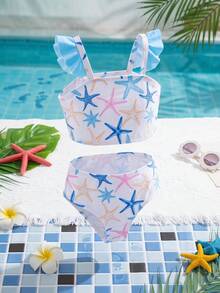 SHEIN Young Girl Starfish Print Ruffle Trim Swimwear Set - Multicolor - View 4