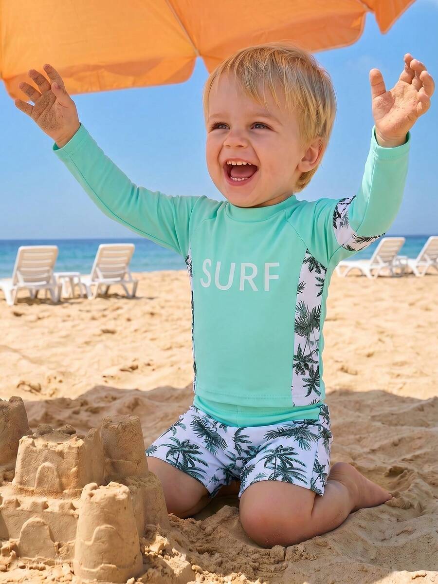 SHEIN Toddler Boys' Tropical Holiday Style Print 2-Piece Set,Short Sleeve Top+Shorts,Rash Guard,Mint Green,Summer,Funny,Pool Party,Vacation Gift - Green - View 1