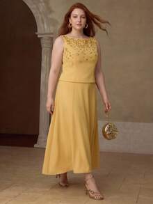 MOTF PREMIUM PLUS SIZE WOMEN'S SUMMER SEQUINS BEADED EMBROIDERED SLEEVELESS TOP AND SKIRT 2 PIECES SET - Yellow - View 6