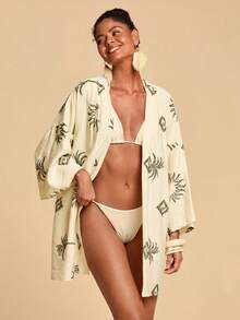 Travachic Kimono nữ kiểu dáng thường ngày, thêu họa tiết lá, thích hợp cho kỳ nghỉ. - Màu Khaki - Xem 3