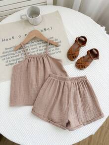 SHEIN LMoss Kids 女童夏季休闲宽松吊带背心和荷叶边短裤两件套 - 卡其色 - 查看 2