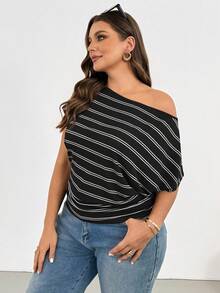 SHEIN Essnce 大码女装春夏时尚休闲宽松舒适日常透视紫红色条纹短袖露肩上衣，夏季穿搭，简约风格，外出上衣，棕色上衣，度假服饰，欧洲夏季 - 黑色 - 查看 3