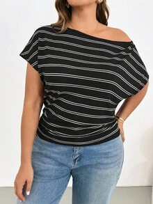 SHEIN Essnce 大码女装春夏时尚休闲宽松舒适日常透视紫红色条纹短袖露肩上衣，夏季穿搭，简约风格，外出上衣，棕色上衣，度假服饰，欧洲夏季 - 黑色 - 查看 6