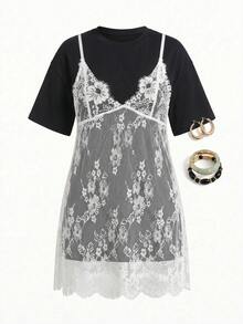 Auralis Nuevo vestido sexy de verano con tirantes de espagueti de encaje negro y ribete de pestañas de encaje & Camiseta holgada de manga corta con cuello redondo blanco / Conjunto casual de talla grande / Atuendo romántico casual para vacaciones - Blanco y Negro - Ver 9