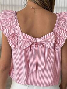 Easowa Camisa de mujer a rayas con detalle de lazo en la espalda y mangas con volantes - Rosa - Ver 6