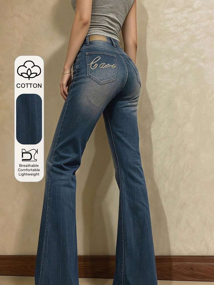 Women's Letter Embroidered Decoration Casual Flare Pants, Elegant Jeans