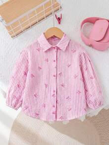 SHEIN LMoss Kids LMoss 女童宽松条纹翻领休闲衬衫 - 粉色 - 查看 6
