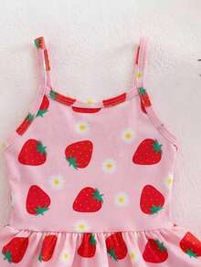 SHEIN Traje de baño con volantes de fresa para niñas, ropa de playa elegante y casual para el verano, adecuado para nadar, la playa, vacaciones - Rosa - Ver 4