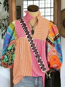 Linhara Plus Size Women Vintage Floral & Striped Print V-Neck Ruffle Trim Short Sleeve Blouse Fall - Pink - View 1