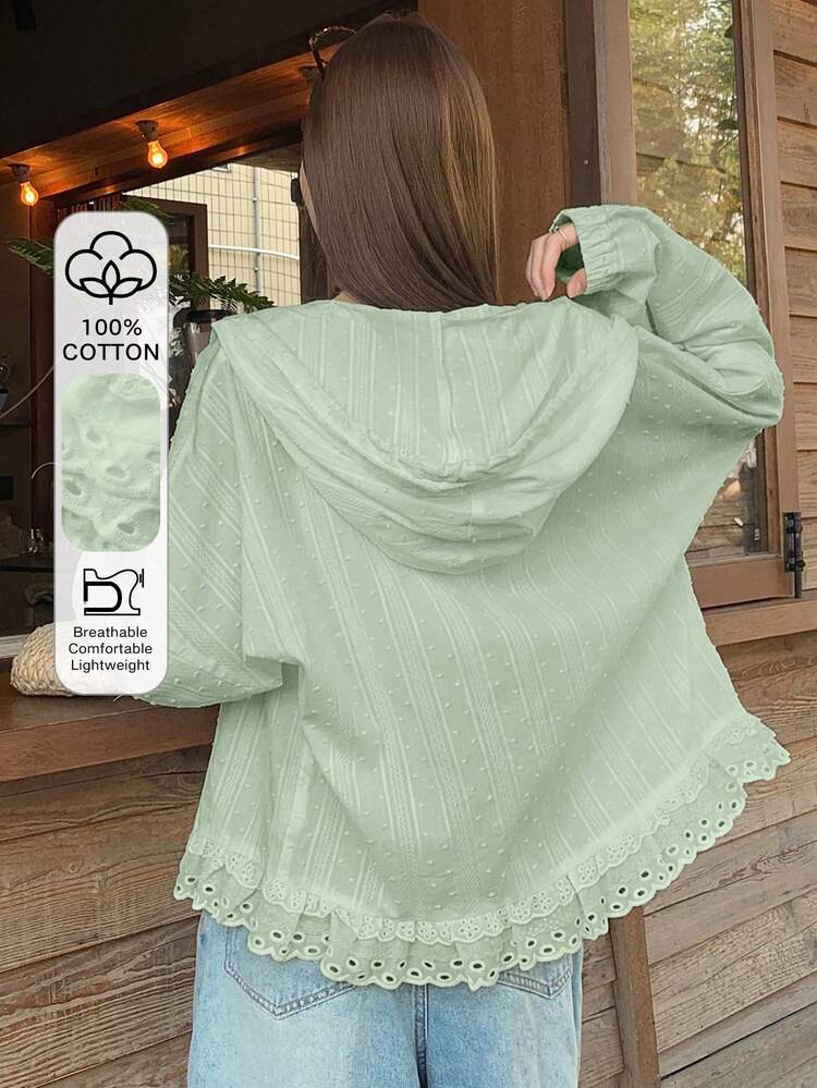 Women's Hooded Long Sleeve Loose Textured Fabric Lace Patchwork Casual Vacation Style Regular Jacket