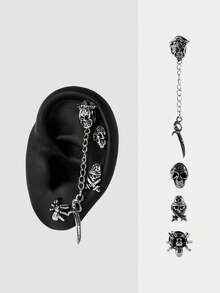 MortiRose 4PCS Gothic Style Earrings Punk Disc Studs Cartilage Earrings Dangle Stud  Skull  Helix Ear Tragus Piercing Body Jewelry,Goth/Gothic/Punk/Grunge/Dark Gothic,Streetwear,Summer/Festival/Prom/Party,Vintage - Steel color - View 1