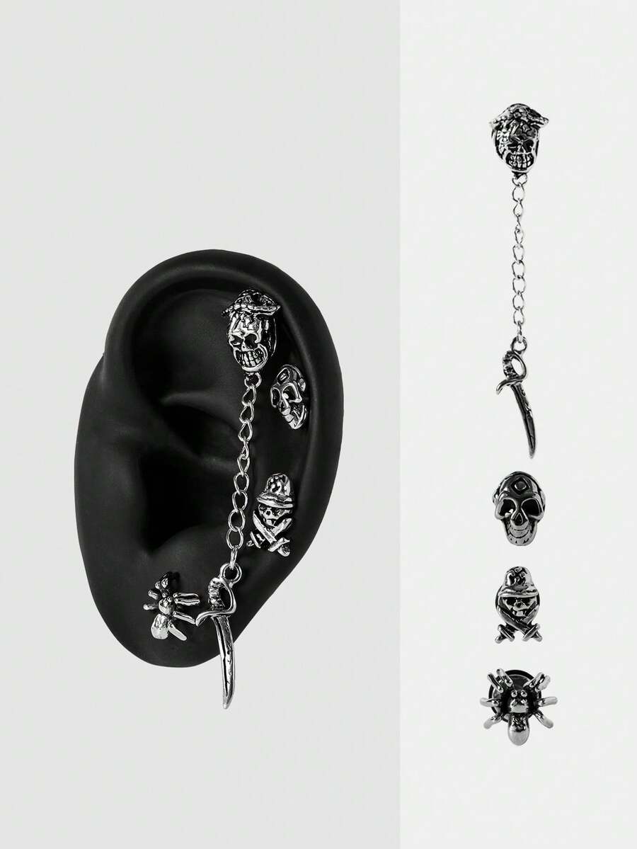 MortiRose 4PCS Gothic Style Earrings Punk Disc Studs Cartilage Earrings Dangle Stud  Skull  Helix Ear Tragus Piercing Body Jewelry,Goth/Gothic/Punk/Grunge/Dark Gothic,Streetwear,Summer/Festival/Prom/Party,Vintage - Steel color - View 1
