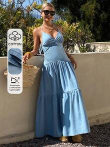 DAZY Vestido largo de mezclilla con cuello en V, sin mangas y con lazo, estilo de vacaciones para mujeres - Lavado ligero - Ver 1