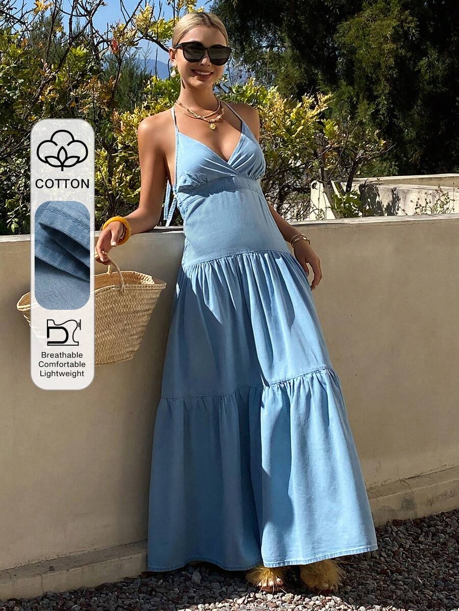 DAZY Vestido largo de mezclilla con cuello en V, sin mangas y con lazo, estilo de vacaciones para mujeres - Lavado ligero - Ver 1