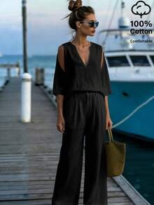 EMERY ROSE Women's Off-Shoulder V-Neck Blouse And Cotton Pants 2 Pieces Set - Black - View 4