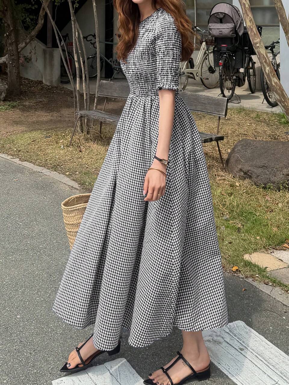 Women's Plaid Pleated Casual Party Midi Dress