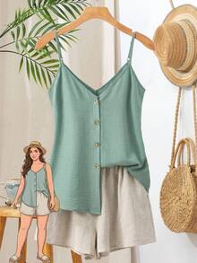 Rusticease Plus Size Casual Witchy Solid Color Front Button Camisole Top , Beach Vacation For Women Summer For Women , Sage Green - Green - View 1