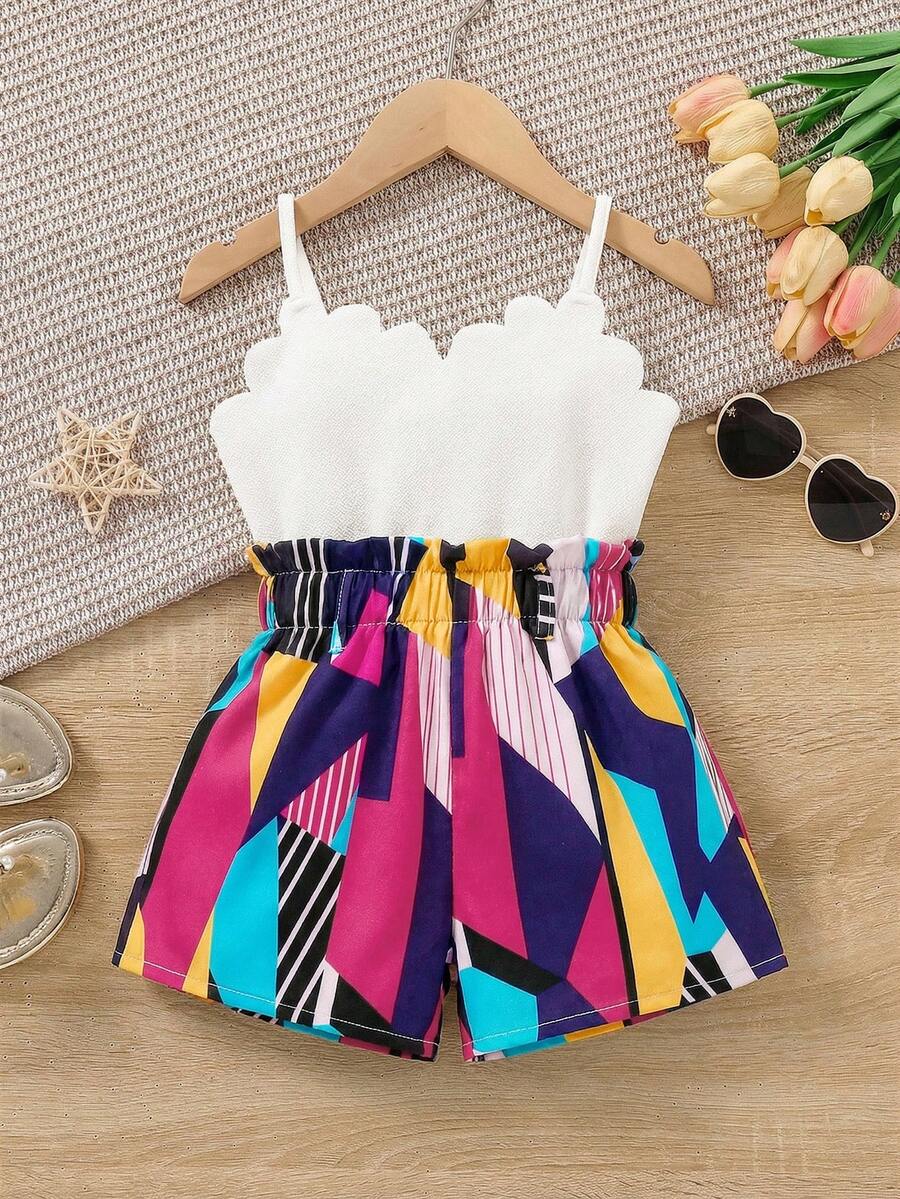 SHEIN Young Girl Contrast Color Shell Trim Sleeveless Jumpsuit, Summer - Multicolor - View 1