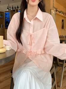 DAZY Women's Solid Color Loose Ruffled Tie-Front Camisole 2 In 1 Long Sleeve Collared Casual Sexy Vacation Blouse Golf Pastal Autumn - Pink - View 4